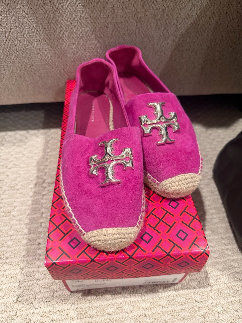 Tory Burch Hot Pink Suede Espadrille Flats with Metallic Logo